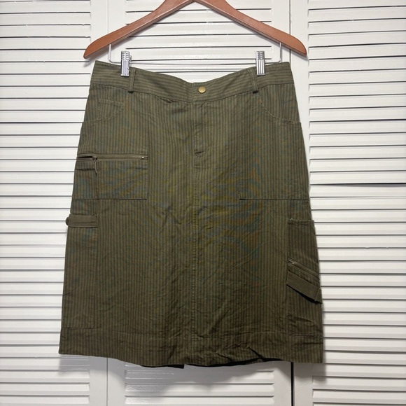 Clio Olive Green Cargo Striped Cotton Midi Skirt - Zip and Button Size 8 - Picture 1 of 8